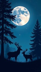  Black silhouettes of deer evergreens, moonlit scene , animals, woodland animals