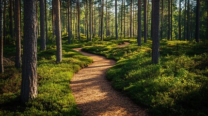 A winding path through a sunny forest with tall green trees