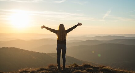 Woman standing on mountain top with arms outstretched at sunset