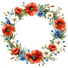 Watercolor Floral Wreath with Poppies Daisies and Cornflowers