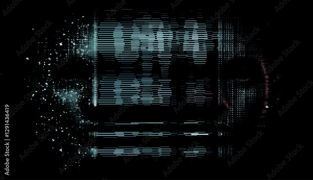 Poster Vector illustration of a mysterious digital face merging with glitch effects and binary elements. The dark, abstract style conveys themes of technology and artificial intelligence.