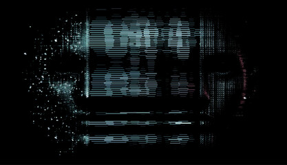 Vector illustration of a mysterious digital face merging with glitch effects and binary elements. The dark, abstract style conveys themes of technology and artificial intelligence.