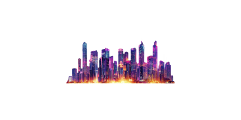 Futuristic cityscape with neon lights isolated on transparent background