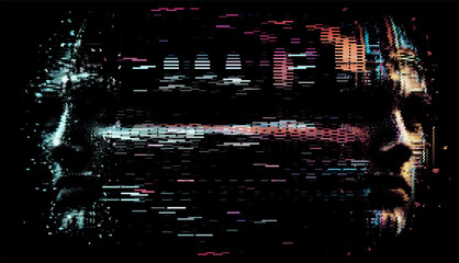 Vector illustration of a mysterious digital face merging with glitch effects and binary elements. The dark, abstract style conveys themes of technology and artificial intelligence.