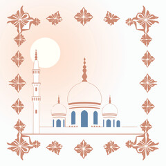 Elegant Mosque Silhouette with Ornate Floral Border/A serene illustration of a mosque, depicted in a simple, elegant silhouette style against a white background.
