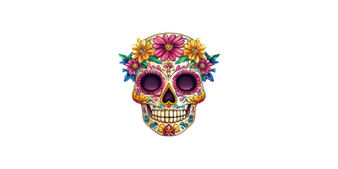Colorful sugar skull with floral accents isolated on transparent background