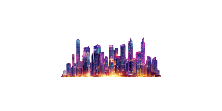 Futuristic cityscape with neon lights isolated on transparent background