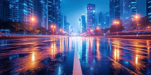 Obraz premium Wet city street reflects lights of buildings at night