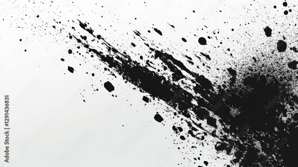 Poster abstract black ink splatter on a white background, creating a dynamic visual effect for design use