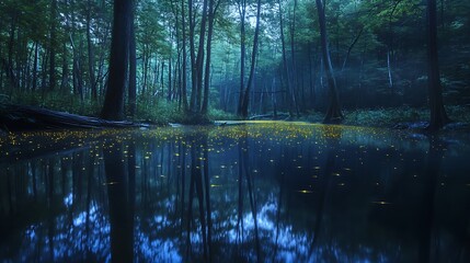 A long-exposure photograph of fireflies creating natural light trails over a tranquil pond in a forest