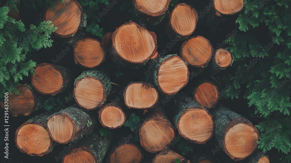 Poster natural wooden bark texture with piled logs and greenery for design and background use