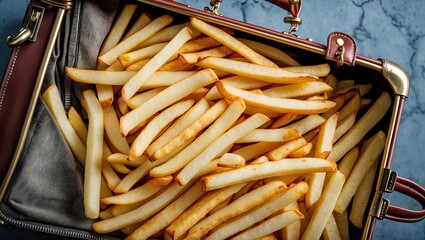 An assortment of golden-brown fries arranged in a vintage leather suitcase on a marble surface, showcasing textures and colors