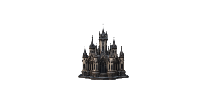 Gothic castle with towers and arches isolated on transparent background