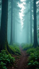 Obraz premium Mist and fog swirl around ancient forest trunks, mist, forest, ancient