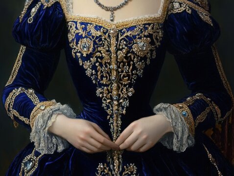 Portrait of a noble figure in a sapphire velvet gown adorned with intricate embroidery and jewels