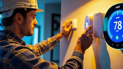 Technician Adjusting Smart Home Thermostat on Wall Panel in a Modern House with Digital Temperature Control System

