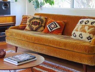 Retro-style living room with chenille-upholstered sofa and matching textured cushions