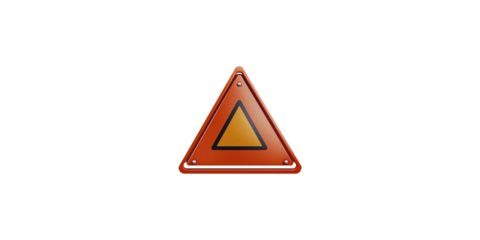 Orange reflective warning triangle sign isolated on transparent background