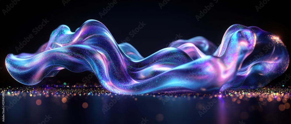 Poster 3d rendering of a dynamic wave of liquid with photographic details in a colorful environment
