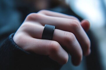 A close-up of a sleek, black smart ring on a person's hand, showcasing its modern design and tech features. The blurred background highlights the ring's sophisticated look.