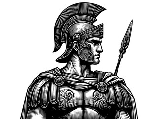 Fototapeta premium ancient Roman warrior in armor, holding a spear and decorated shield, symbolizing strength and valor engraving generative ai sketch PNG illustration