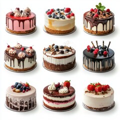 set of different cakes isolated on white background 