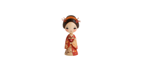Traditional japanese doll in red kimono isolated on transparent background