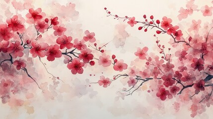 A watercolor illustration of cherry blossoms in soft pink hues against a light background.
