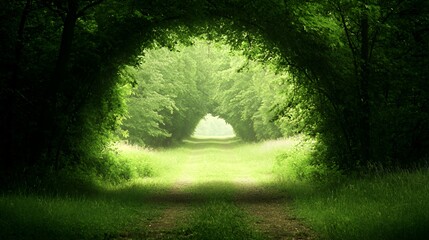 Sunlit Green Tunnel of Trees in a Forest