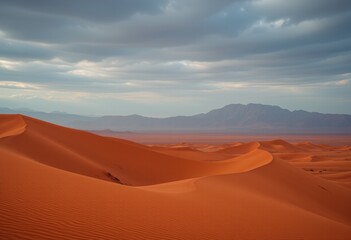 Fototapeta premium Red Sand Dunes With Cloudy Sky and Distant Mountain Range