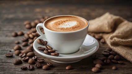 Fototapeta premium A close-up of a white coffee cup filled with frothy cappuccino, surrounded by roasted coffee beans on a rustic wooden surface