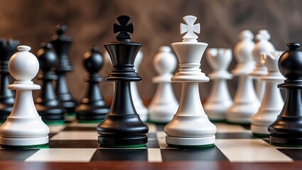 Close-up of a chessboard featuring black and white pieces in a strategic arrangement, showcasing depth and detail