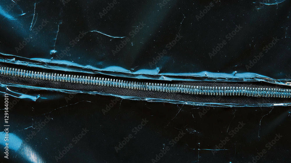 Poster close-up of zipper tape with frayed edges on dark fabric background