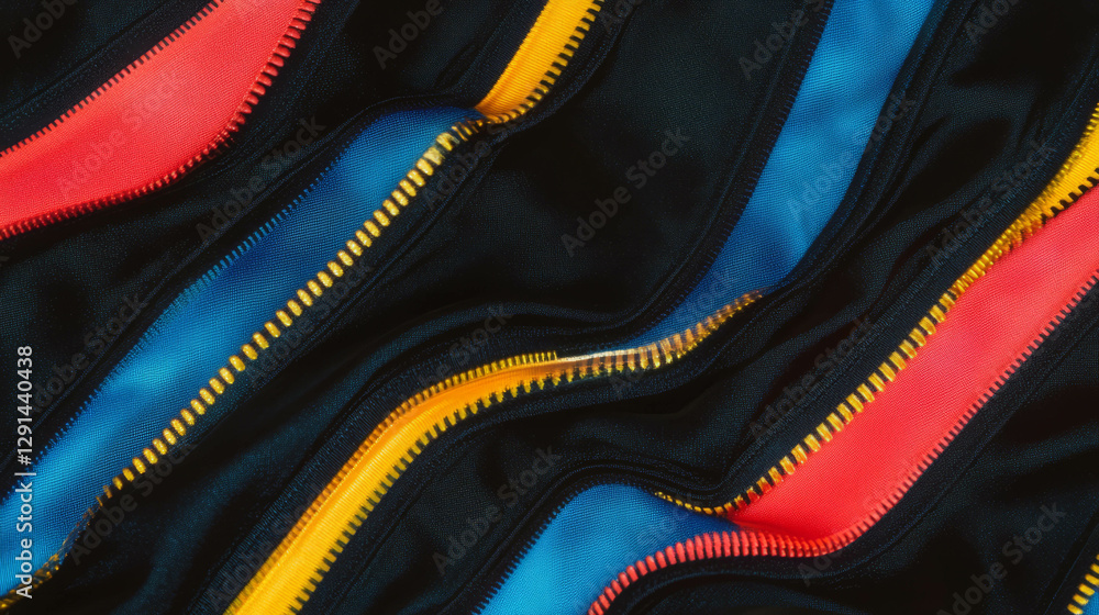 Poster vibrant contrasting zipper pattern on dark fabric background for creative design