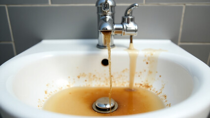 Dirty water flowing from the tap into the sink, close-up