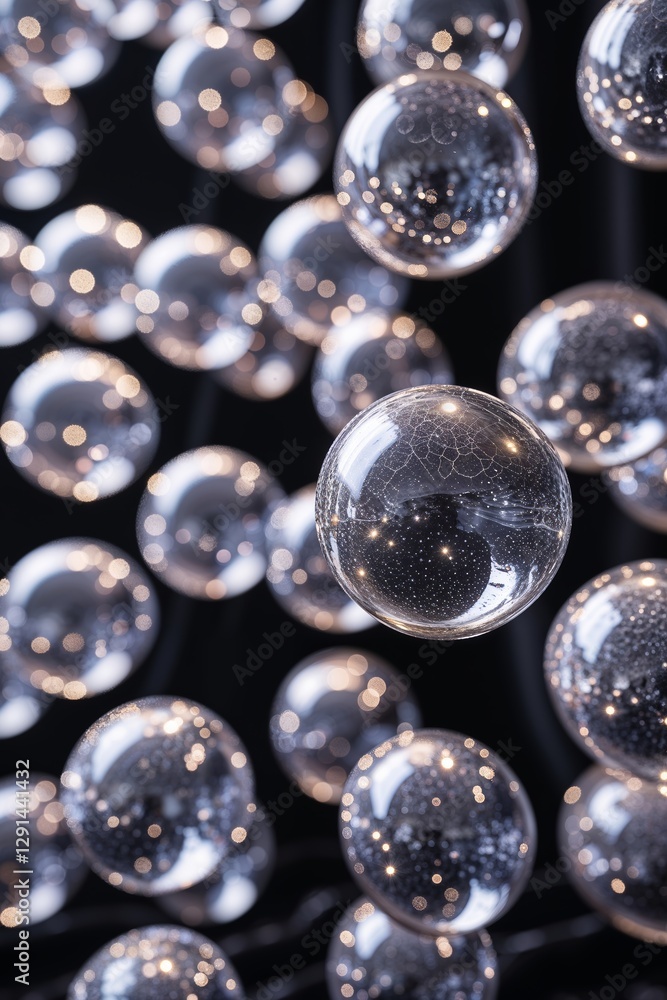 Poster floating transparent spheres illuminated by soft light in a dark background create a mesmerizing vis