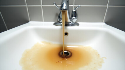 Dirty water flowing from the tap into the sink, close-up