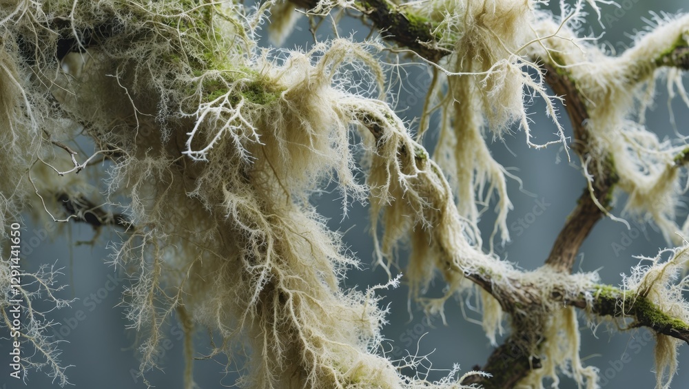 Poster close-up of moss-covered branches with delicate strands creating an ethereal atmosphere in a natural