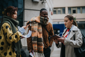 A group of three people discussing, sharing ideas, and collaborating effectively in an urban setting, fostering teamwork and innovation.