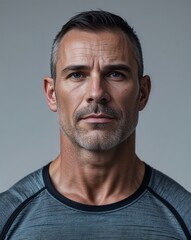 Obraz premium A middle aged male personal trainer in athletic wear close up portrait on plain background