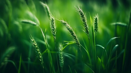 Close up view of green wheat plants growing together