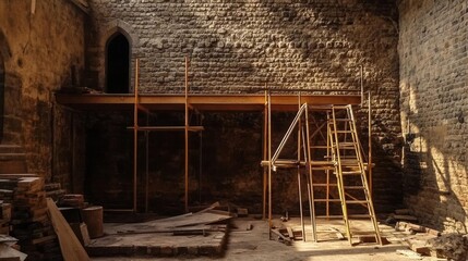 Renovation project abandoned building interior construction urban environment ground level restoration concept