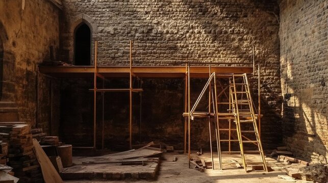 Renovation project abandoned building interior construction urban environment ground level restoration concept