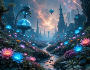 A cybernetic galactic garden thriving with digital blooms
