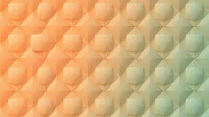 An elegant seamless pattern of pyramids and cubes transitions from peach to mint gradient.