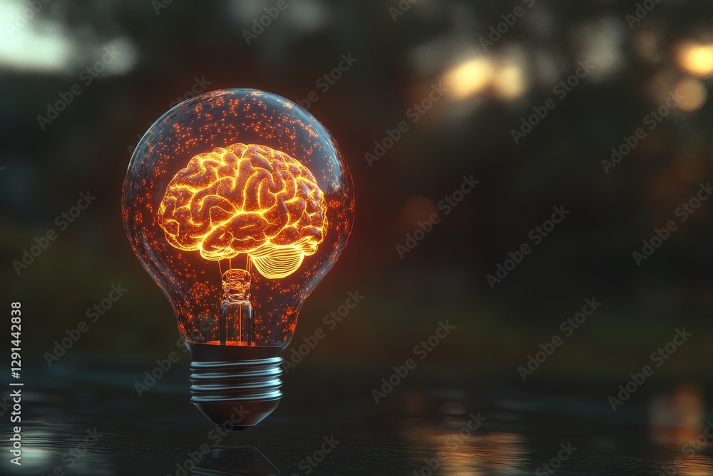 Poster 3d rendering of a glowing light bulb with a brain inside, symbolizing ai and innovation