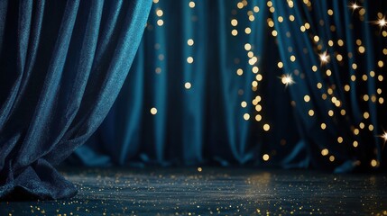 Dark blue velvet stage curtain with golden lights