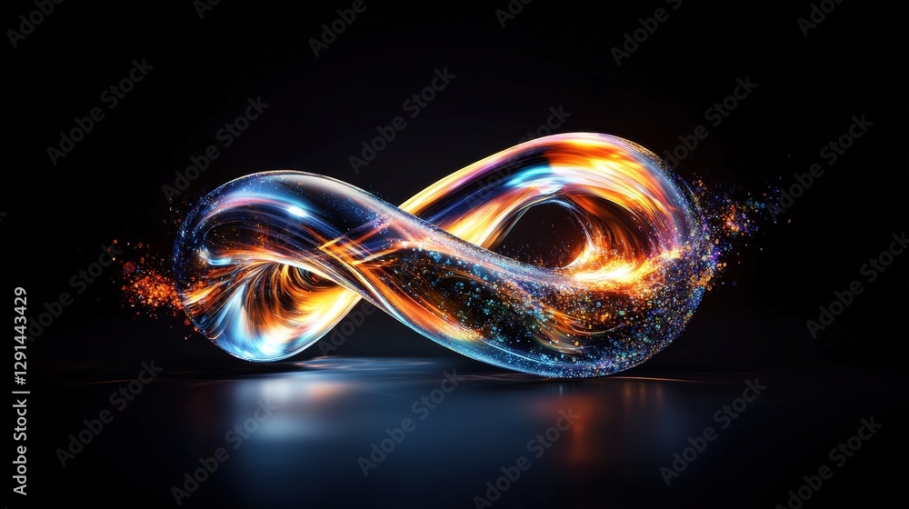 Poster glowing infinity symbol illuminated in the dark with a soft light effect and abstract background