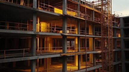 Fototapeta premium Construction progress at dusk modern building development urban landscape photography industrial setting aerial view architecture