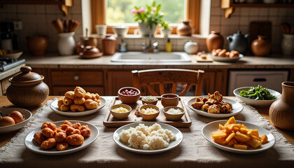 Traditional Imsak meal setting in cozy kitchen, festive morning ritual